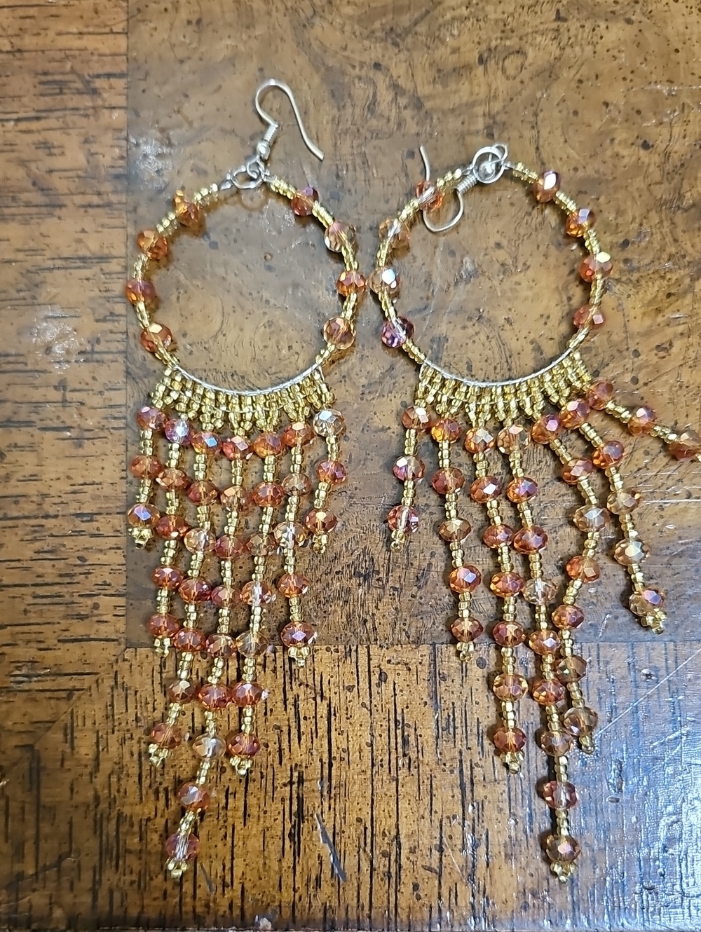 HUICHOL Gold and Amber Beaded Fringe Hoop Earrings - Women's Jewelry - Picture 1 of 7